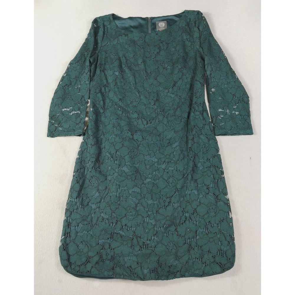 Vince Camuto Dress Womens 8 Green Lace Floral 3/4 Sleeve Sheath Short Cocktail